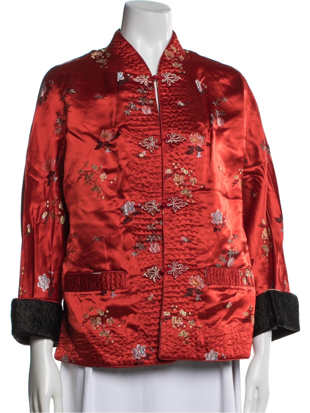 Vintage Red Satin Floral Mandarin Jacket